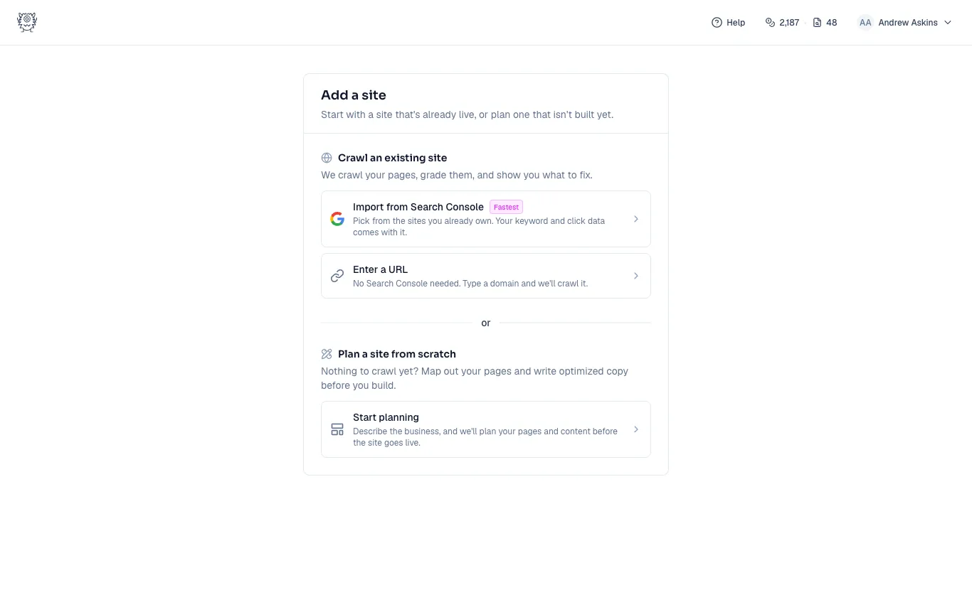 The add-a-site screen with options to crawl an existing site or plan one from scratch