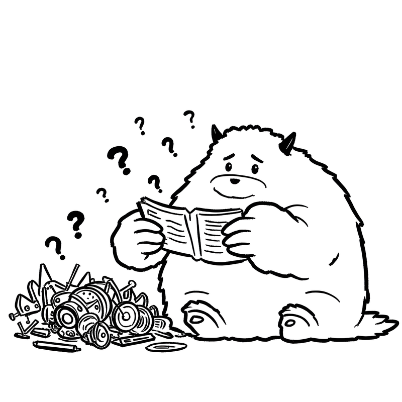 An image of a MetaMonster trying to assemble a complex machine and looking confused
