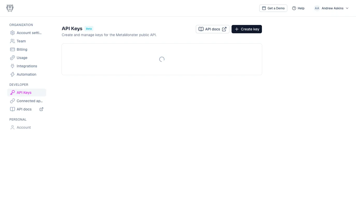 The API Keys page in settings