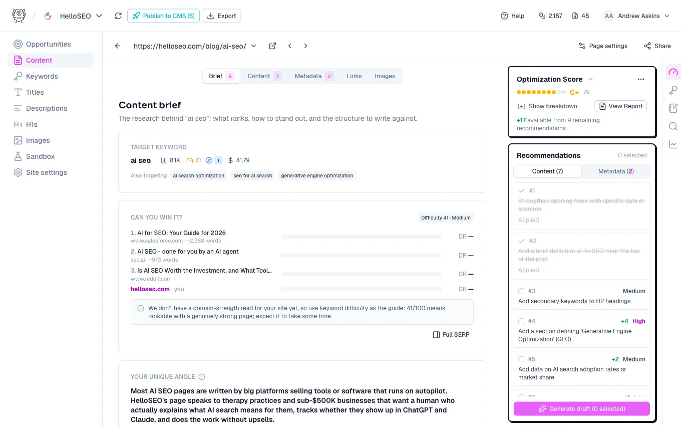 The Brief tab showing the target keyword, the ranking competition, and a unique angle