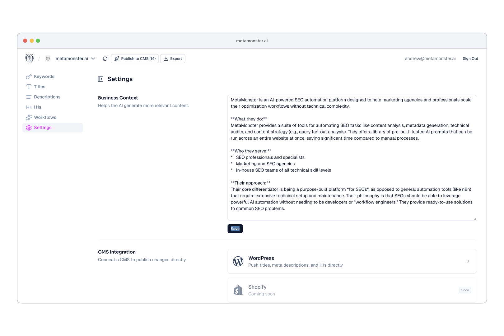 MetaMonster settings showing auto-generated business context describing what the company does, who they serve, and their approach