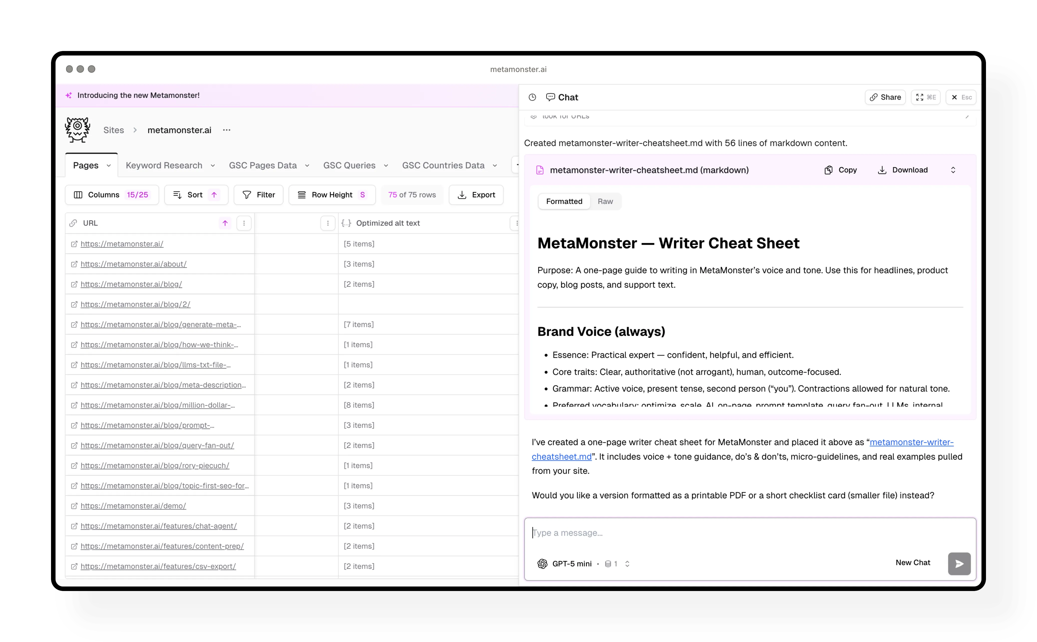 Chat agent interface showing conversation and generated content