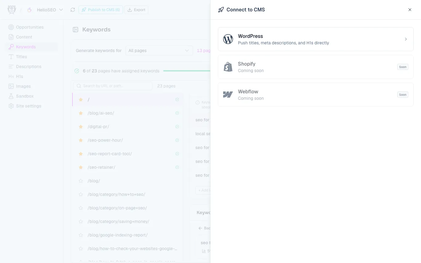 The Connect to CMS panel with WordPress active