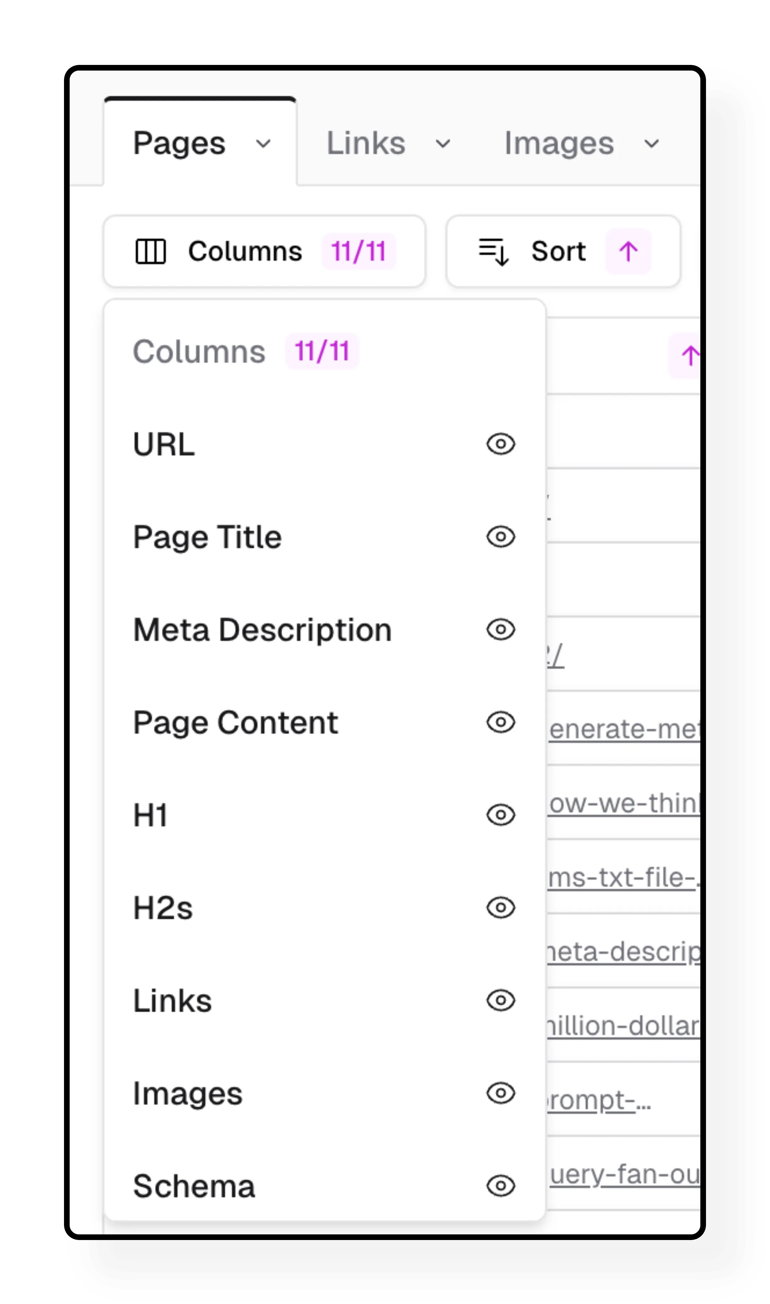 Columns selector showing available data columns