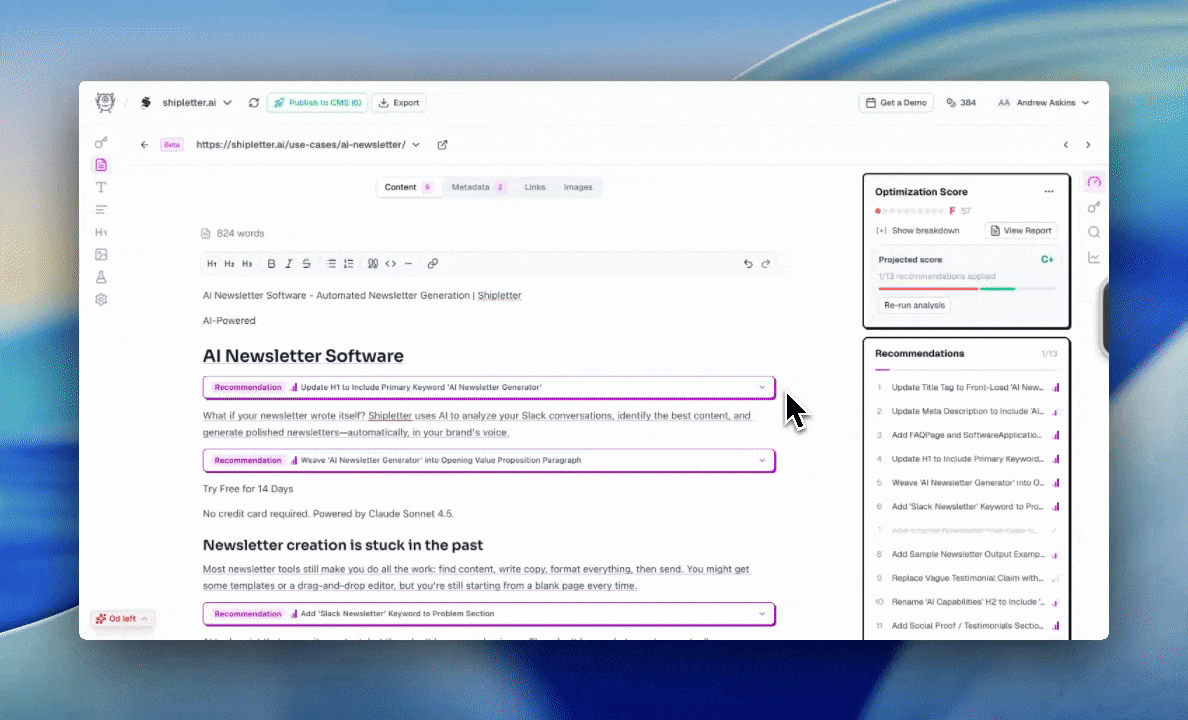 MetaMonster content optimization view showing a page with its quality grade, rubric breakdown, and edit-in-place interface