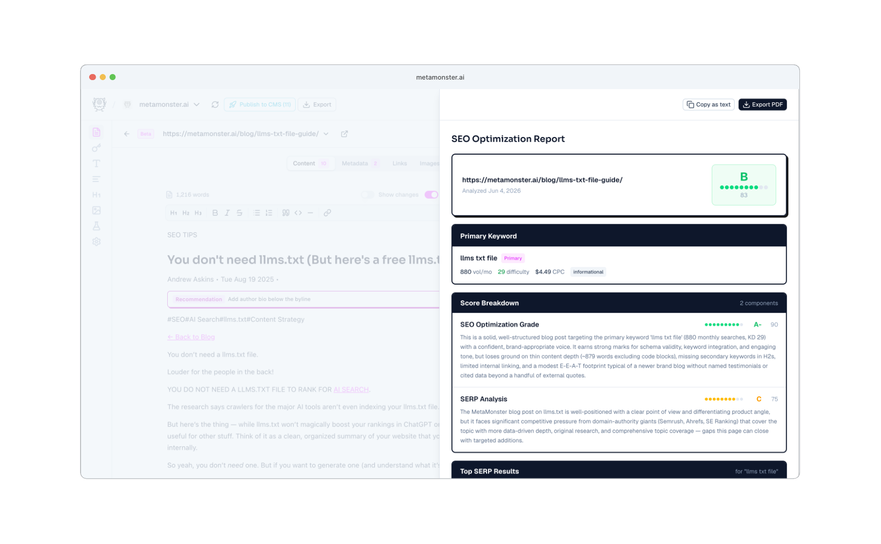 MetaMonster sample downloadable report showing a site's overall grade and key recommendations