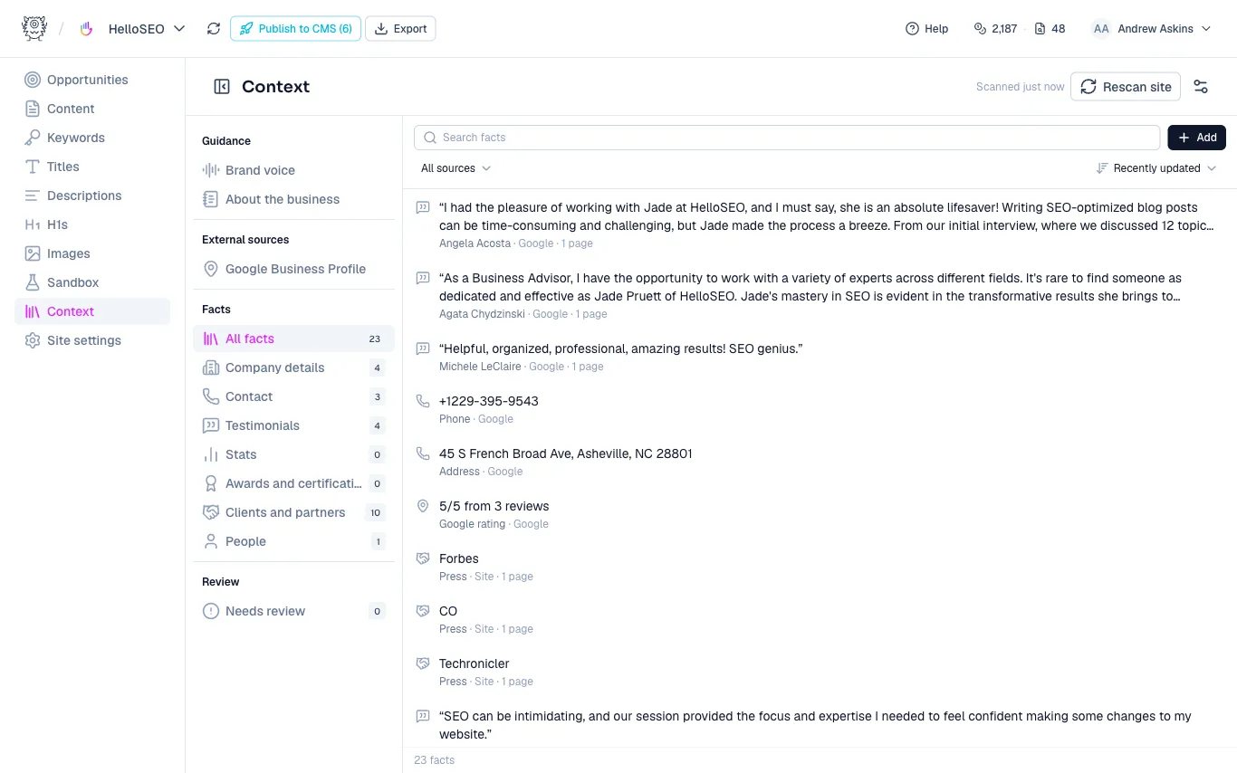 The Context page with facts from the site and the Google Business Profile