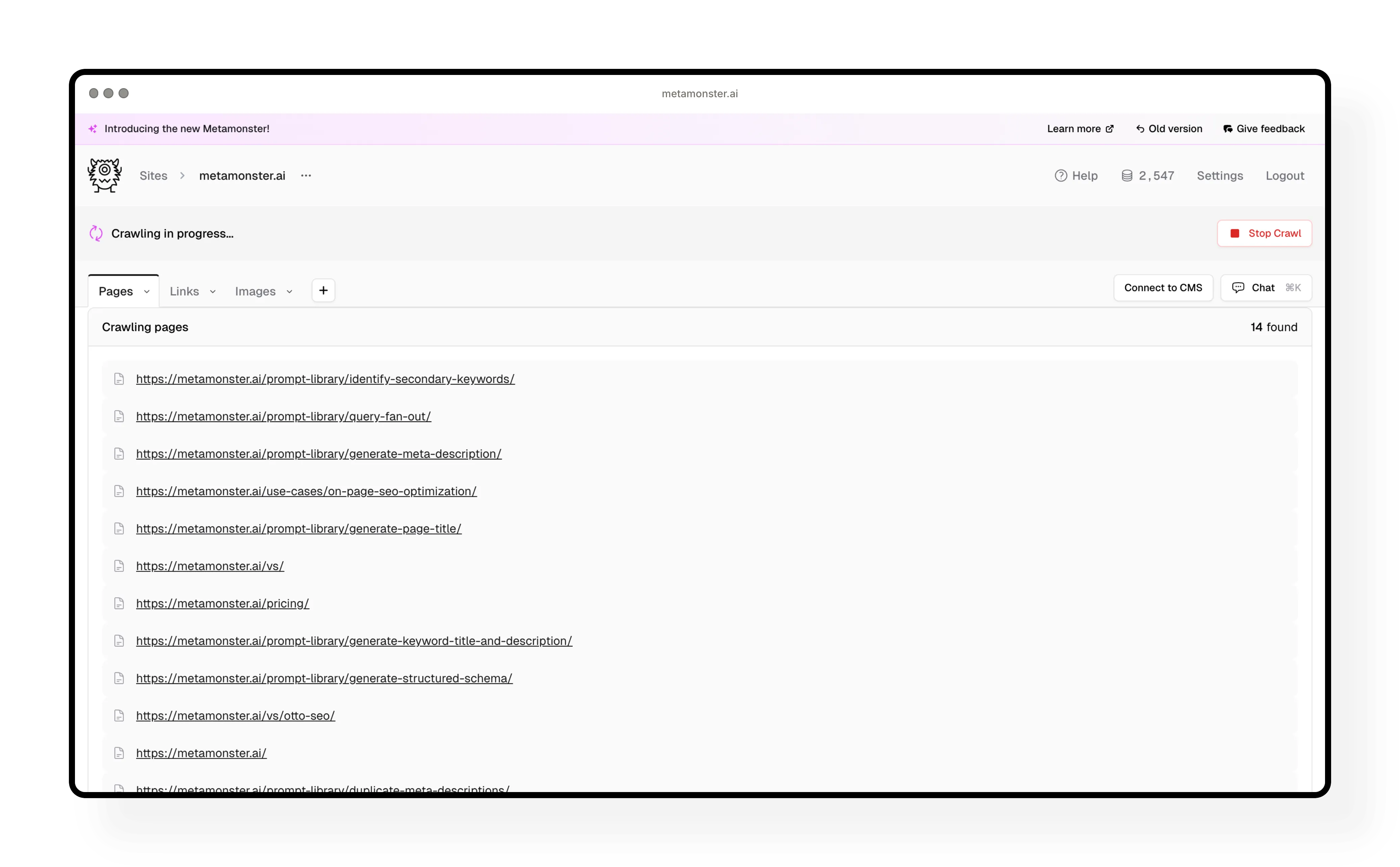 Crawl in progress showing pages being discovered