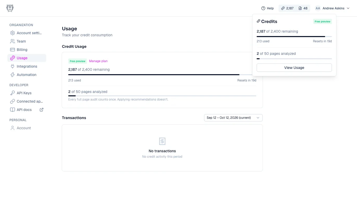 The credits popover showing credits remaining and pages analyzed