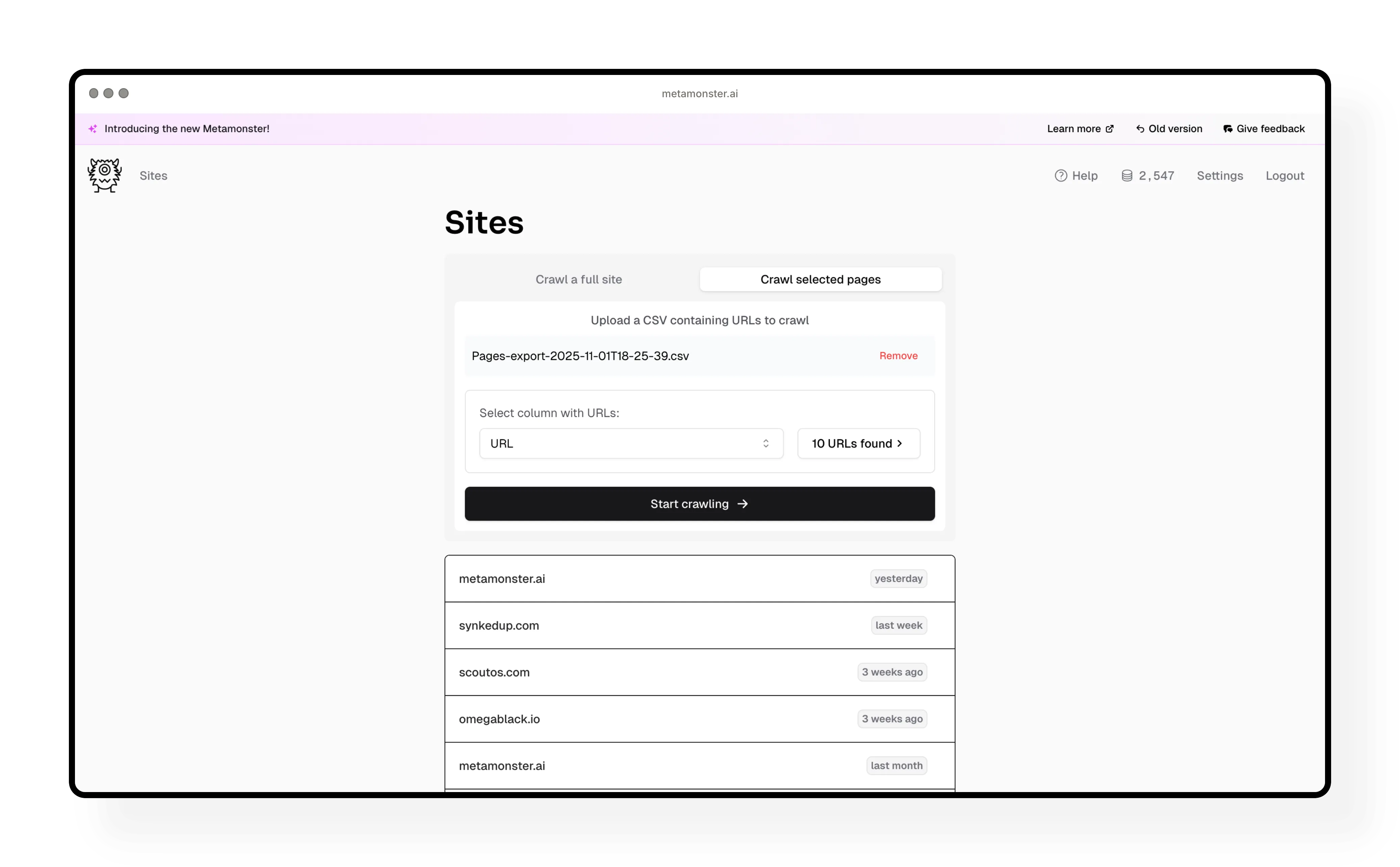 CSV upload interface showing column selection