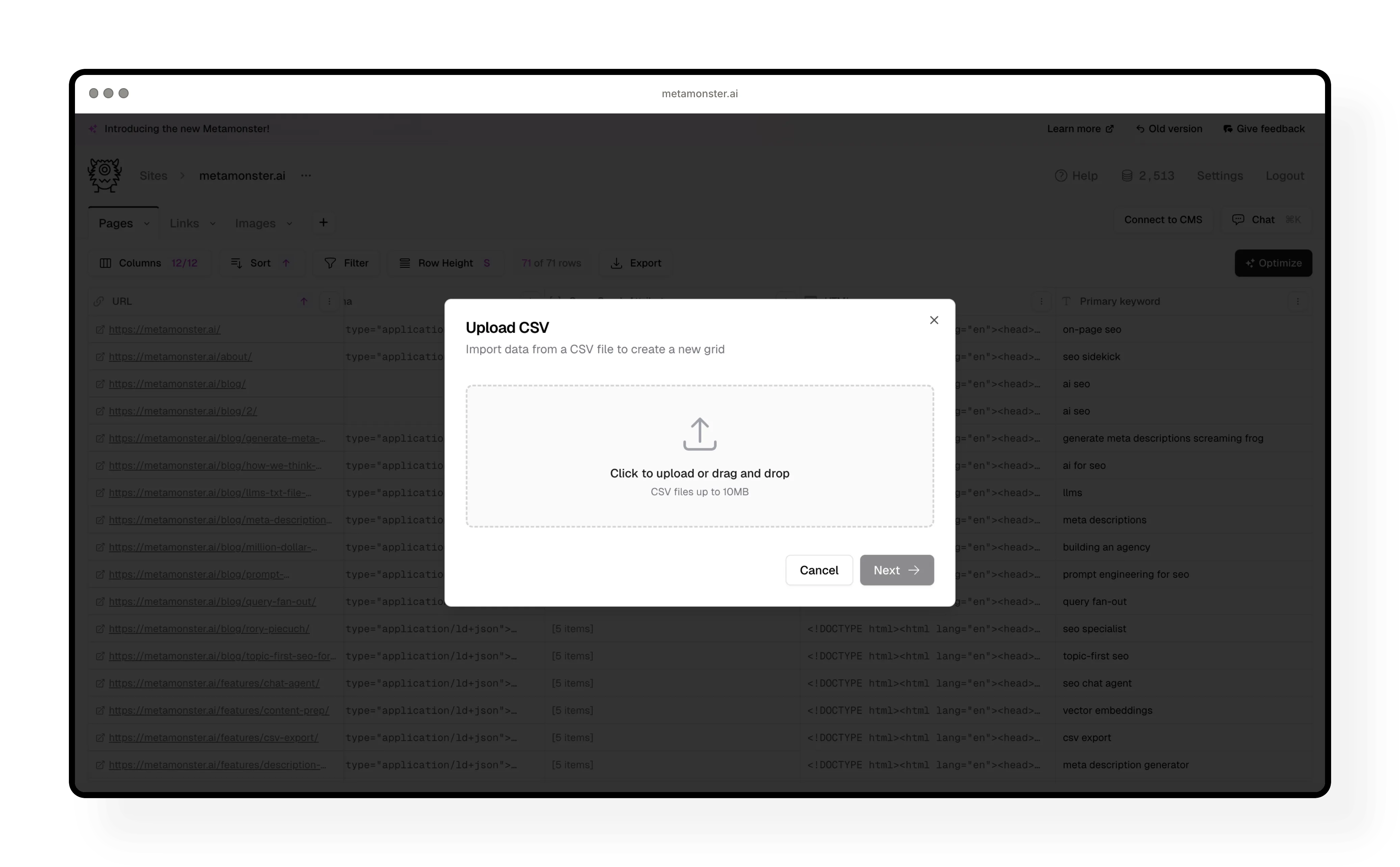 CSV upload interface with drag and drop area