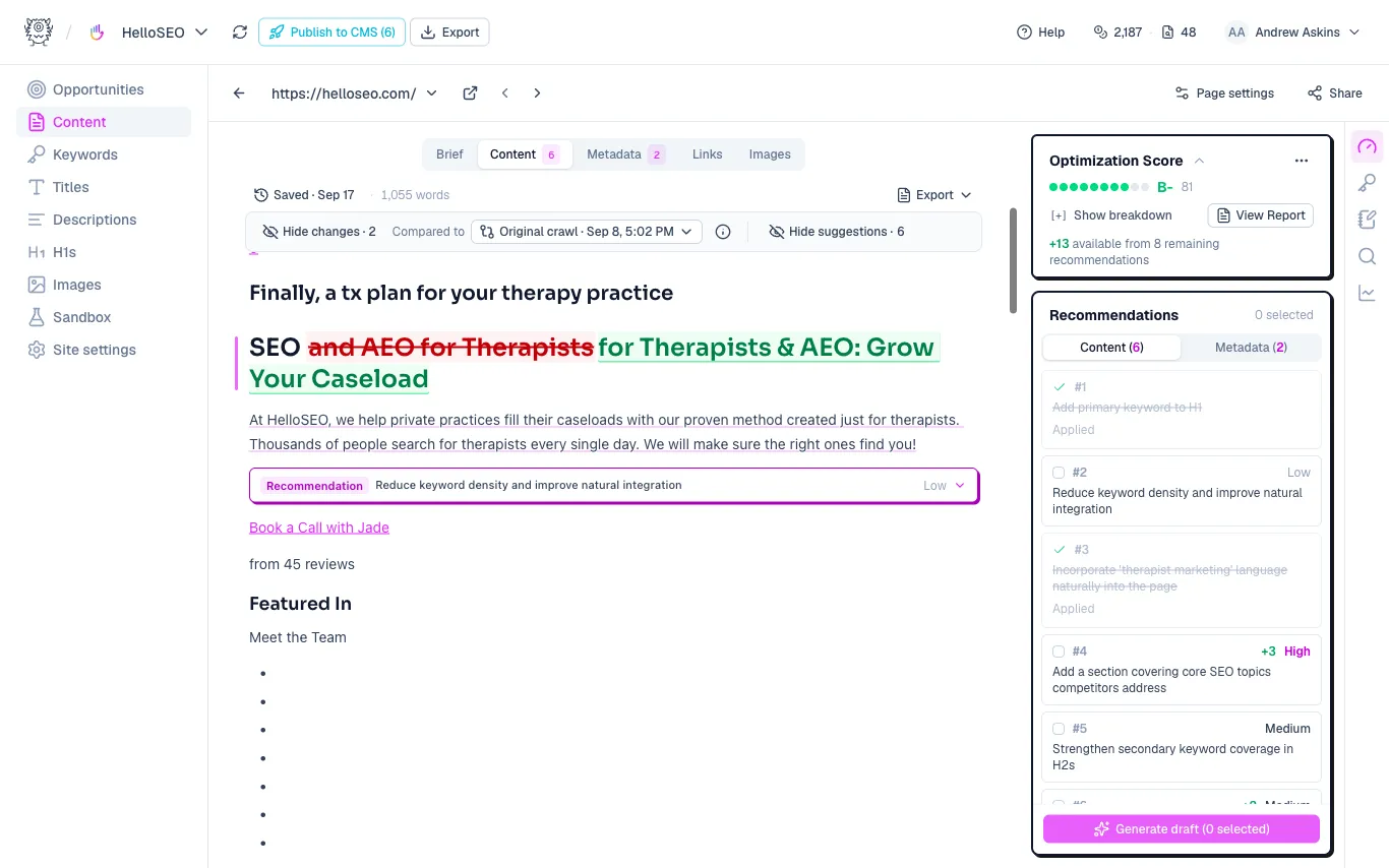 The content editor with the optimization score and recommendations panel