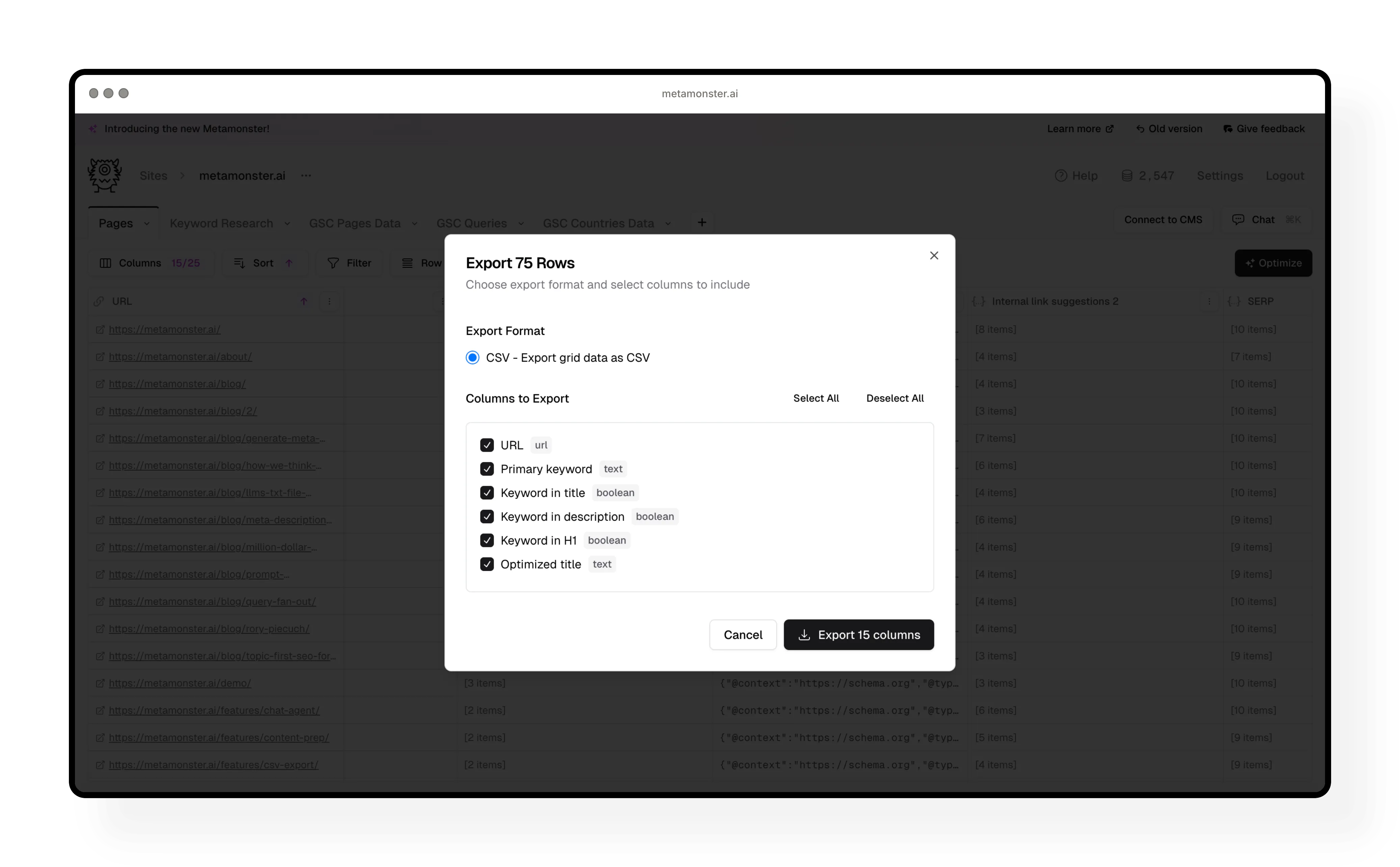 Export dialog showing column selection options