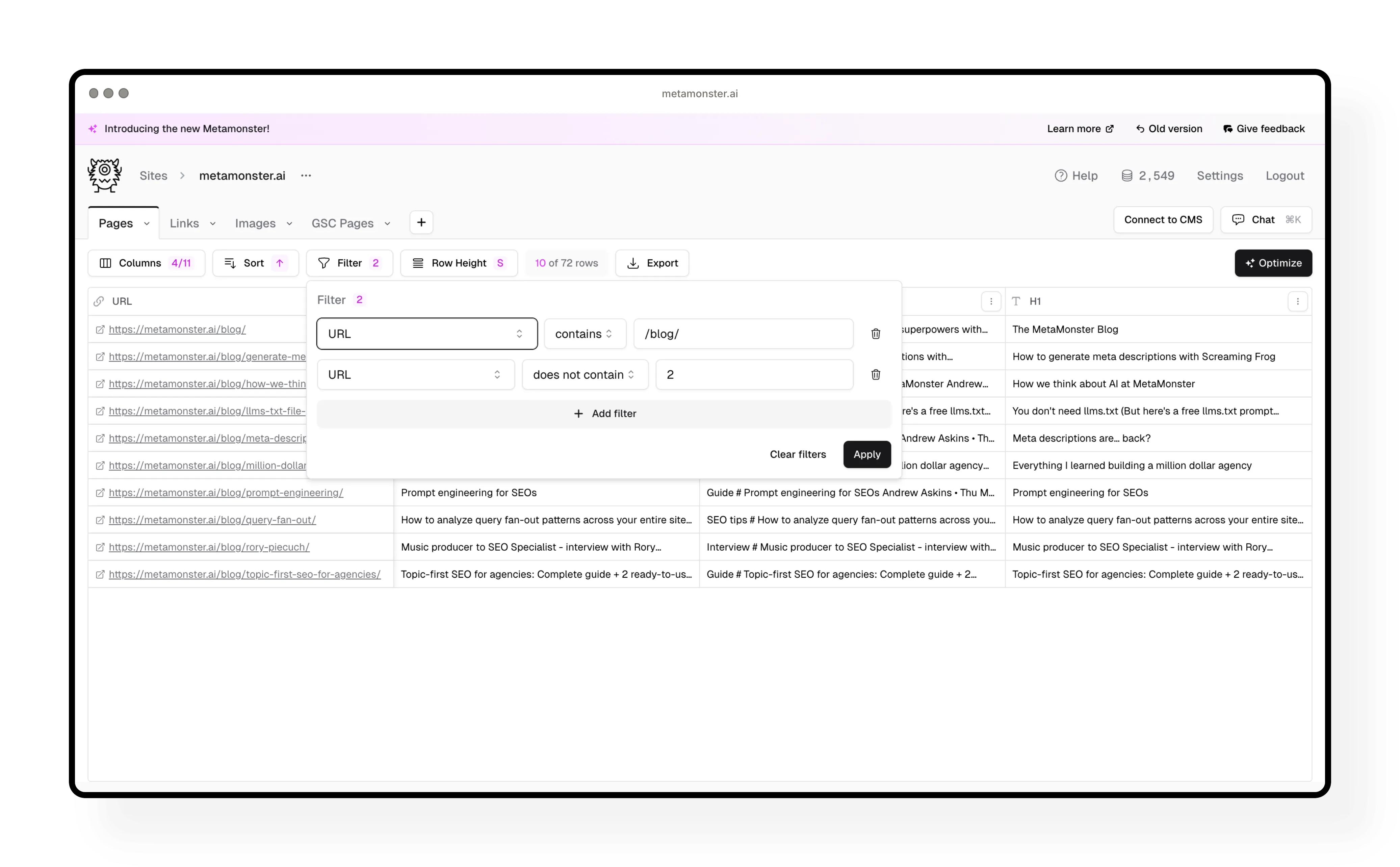 Pages table with filtering options showing blog posts
