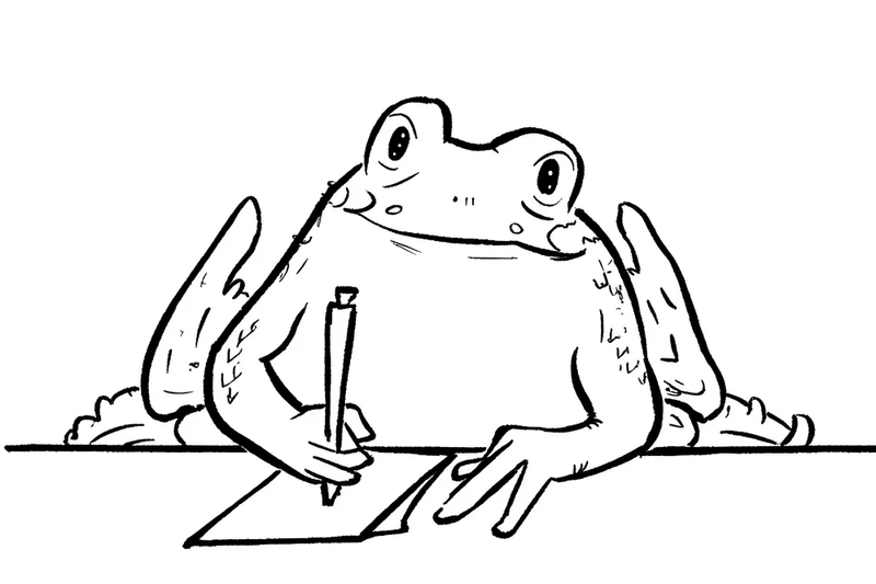 An image of a frog writing frantically