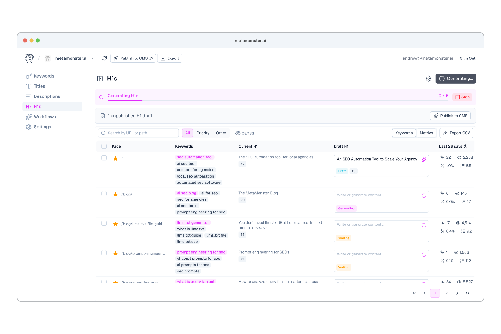 MetaMonster generating H1 tags in bulk with draft H1s and current page data