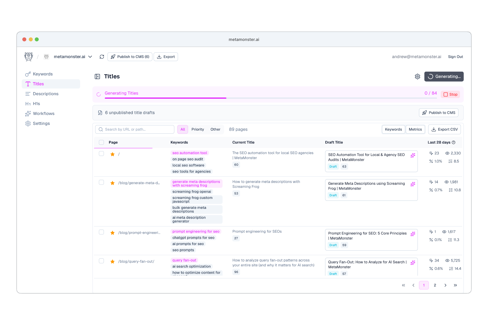 MetaMonster generating page titles in bulk, showing draft titles alongside current titles and Search Console metrics