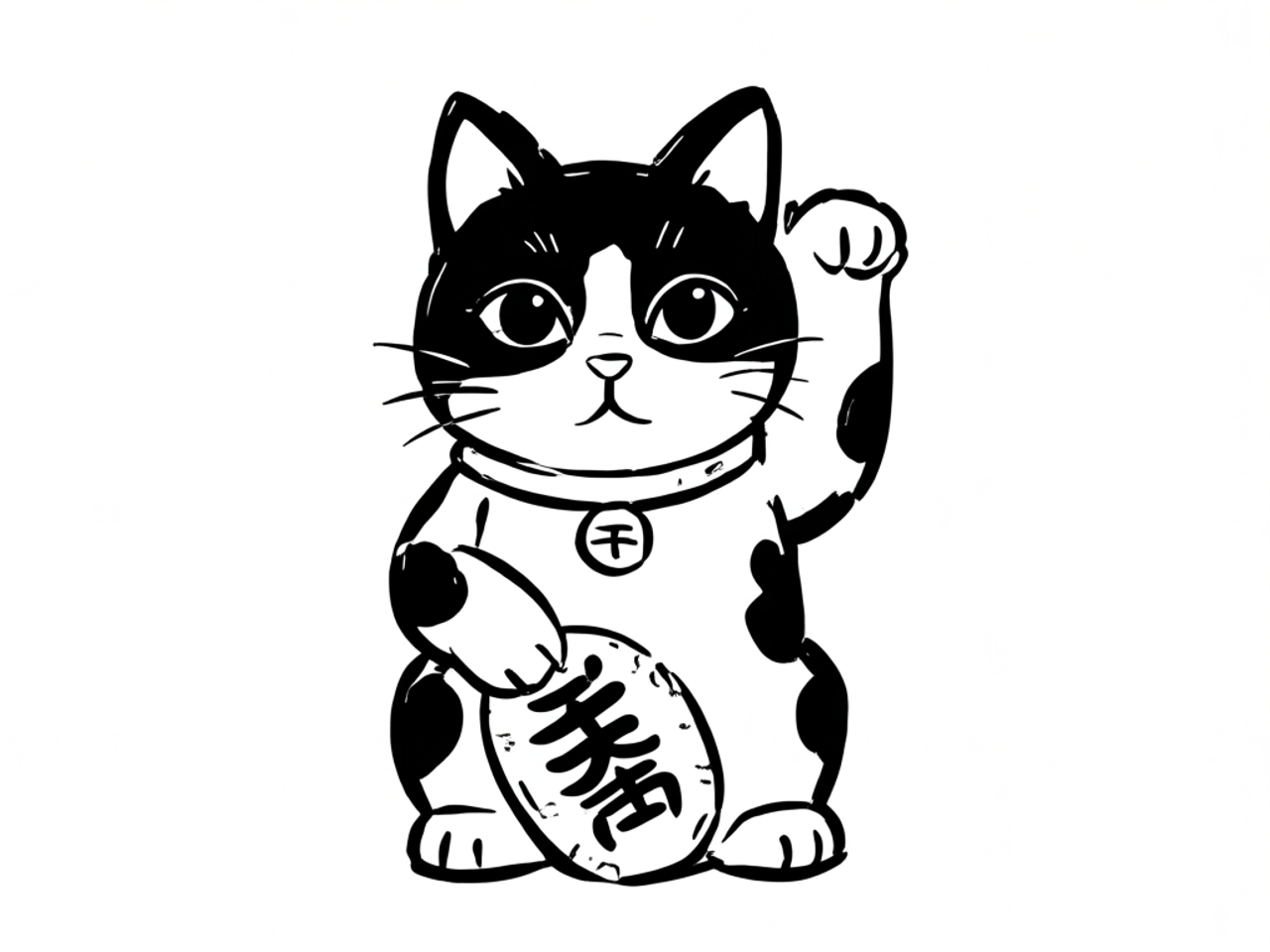 Black ink drawing of a maneki-neko lucky cat with one paw raised, wearing a bell collar and holding a coin.