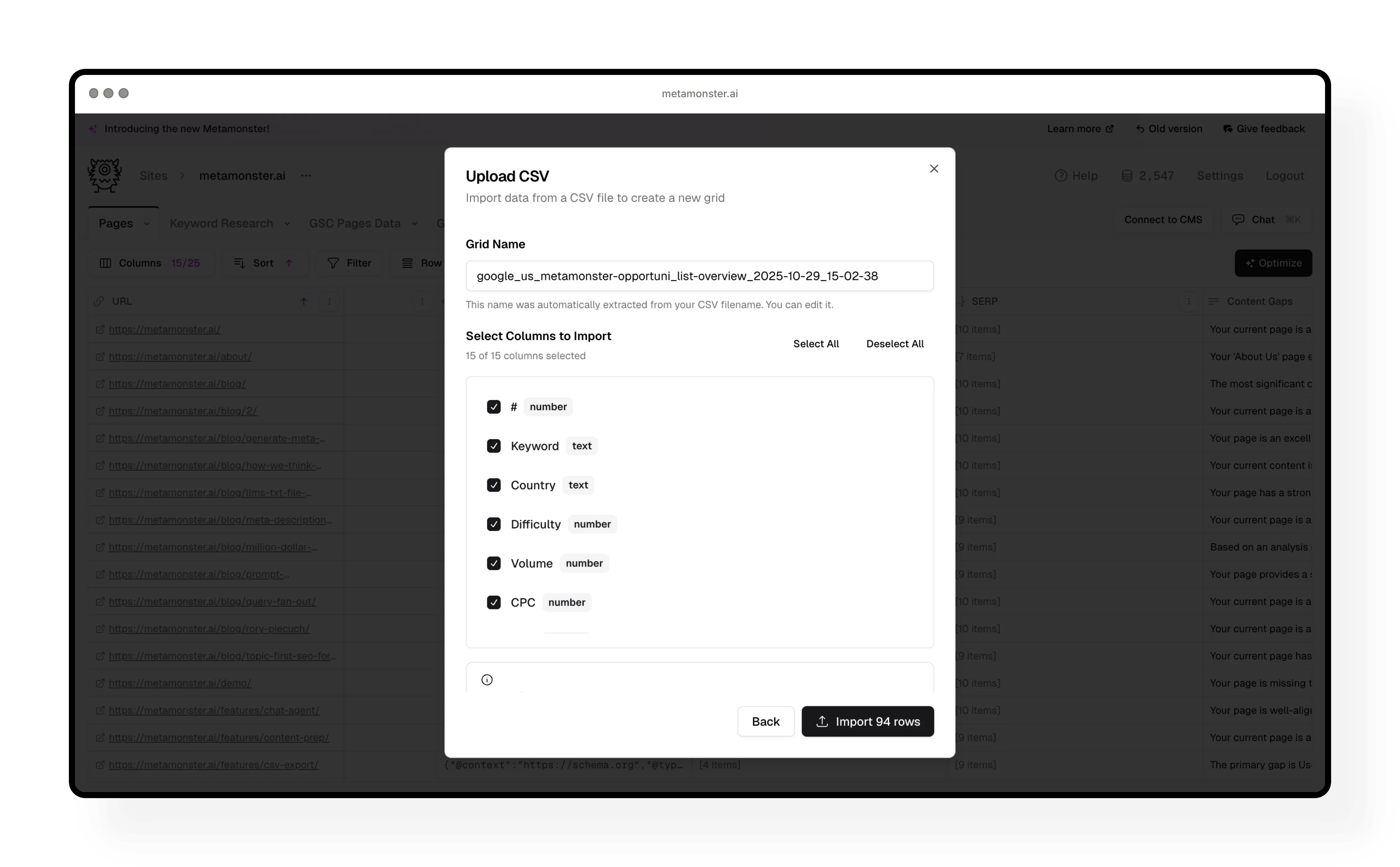 Import summary showing row count and grid name