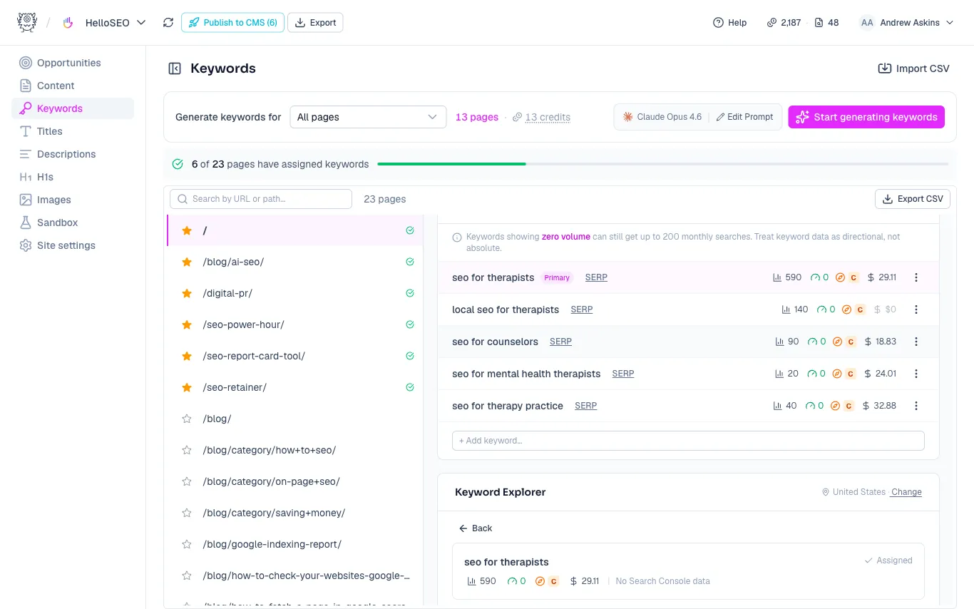 A keyword opened in the Keyword Explorer with its volume, difficulty, intent, and cost per click