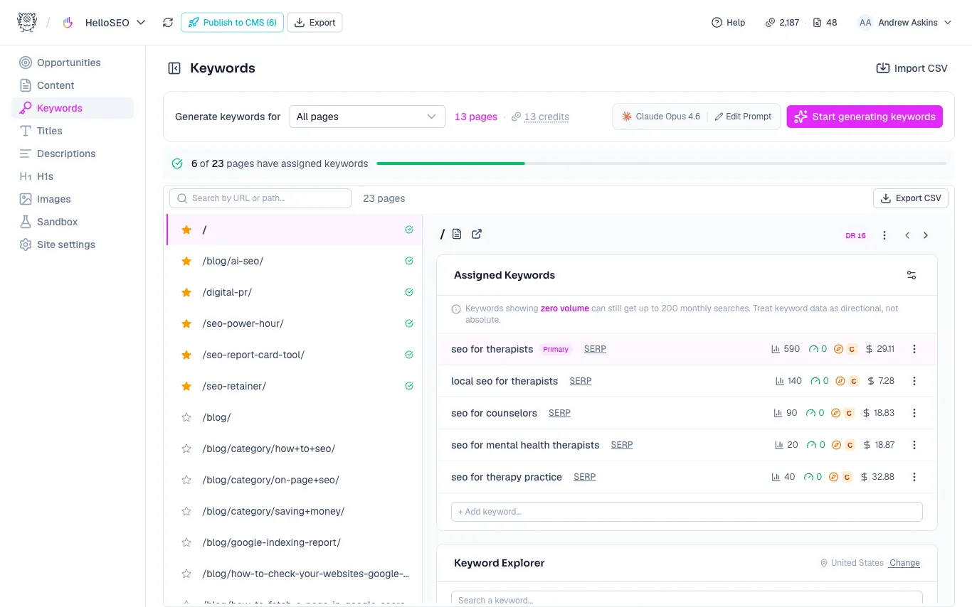The Keywords page with the bulk generate card, assigned keywords, and the Keyword Explorer