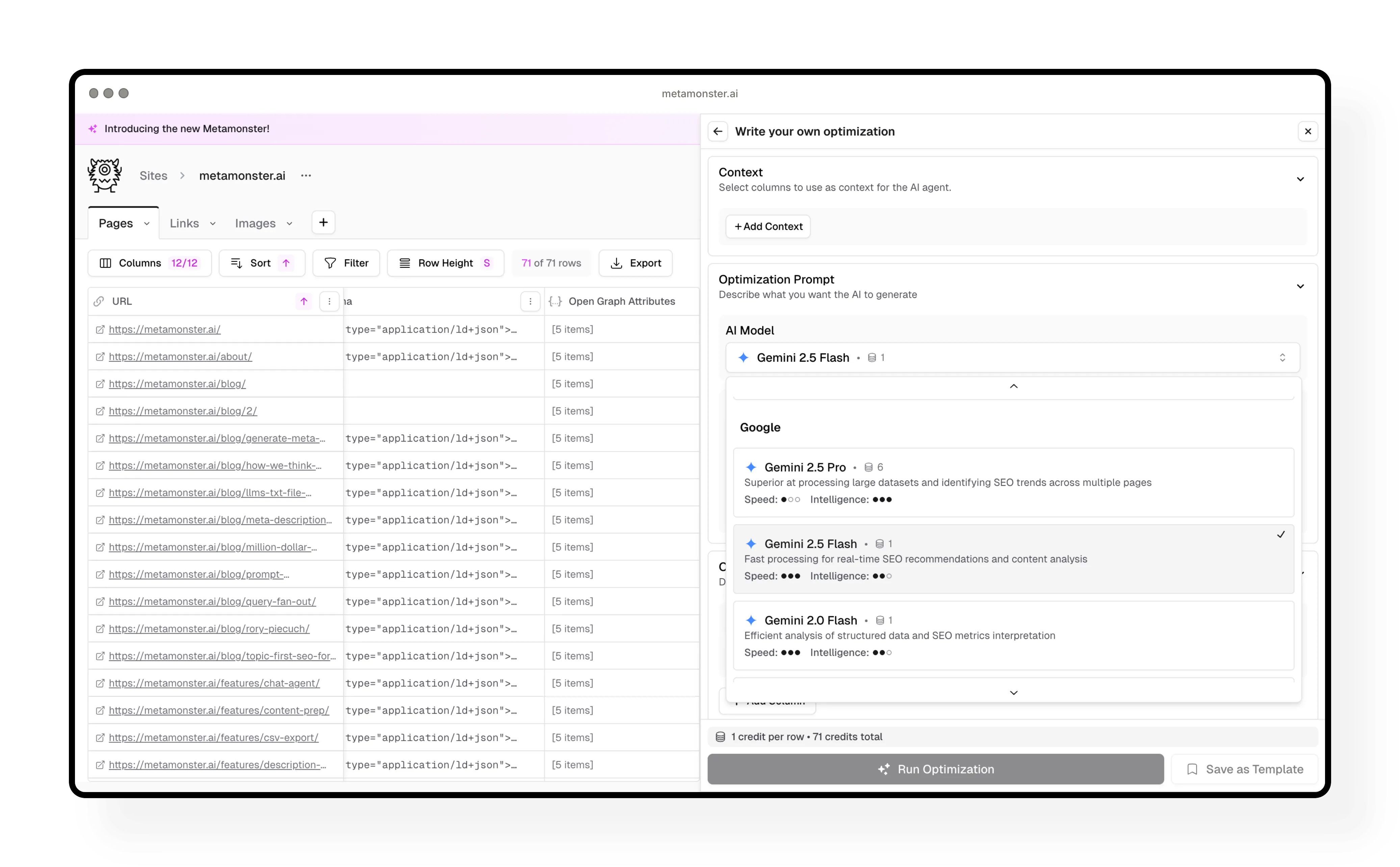 Model selection dropdown with performance indicators