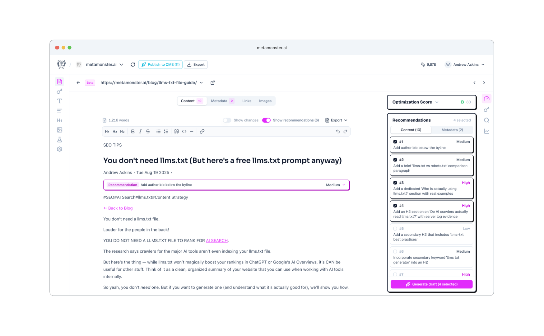 MetaMonster recommendations panel with one-click apply buttons and a generate-all option