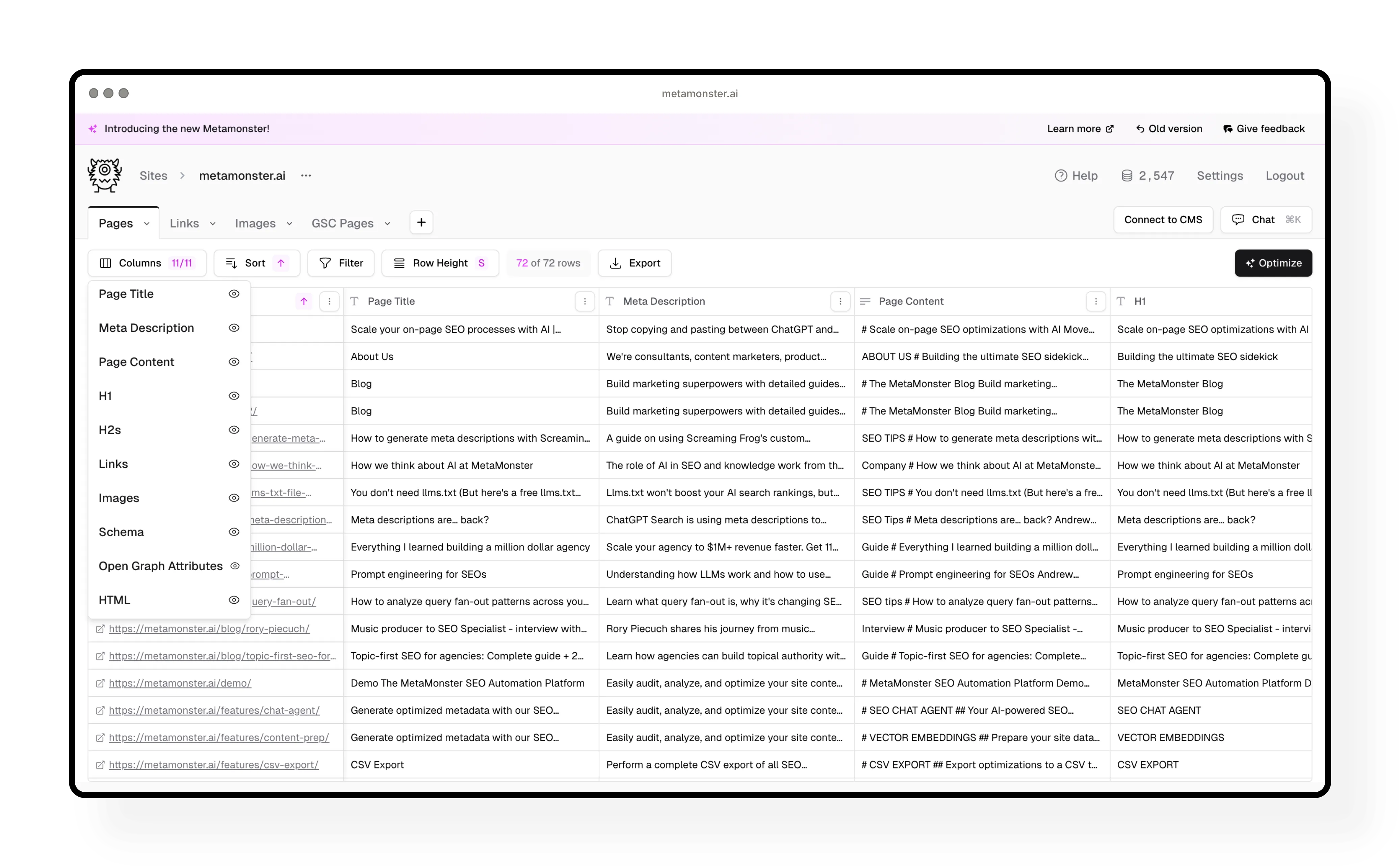 Pages table showing all extracted data columns