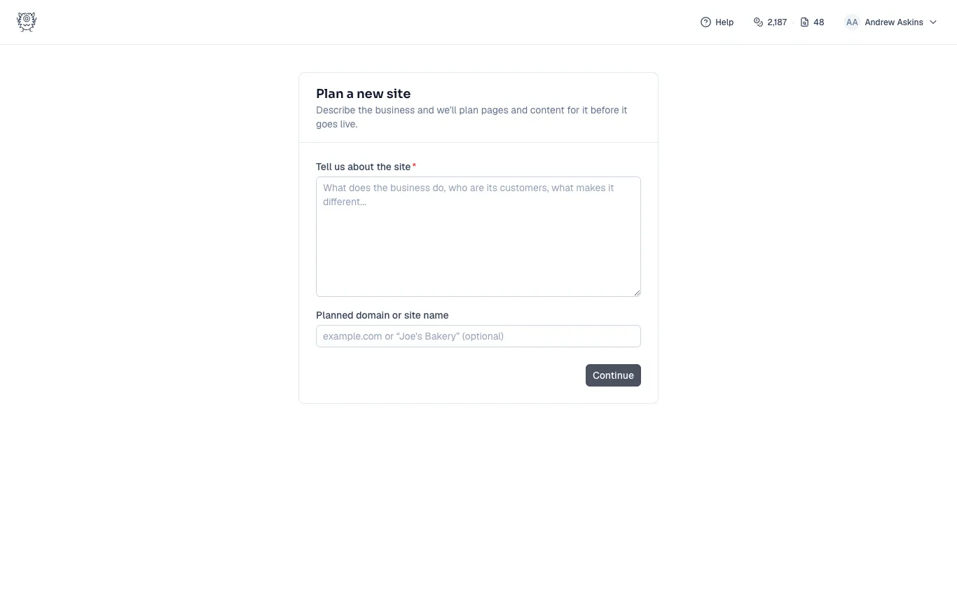The plan-a-new-site form asking about the business
