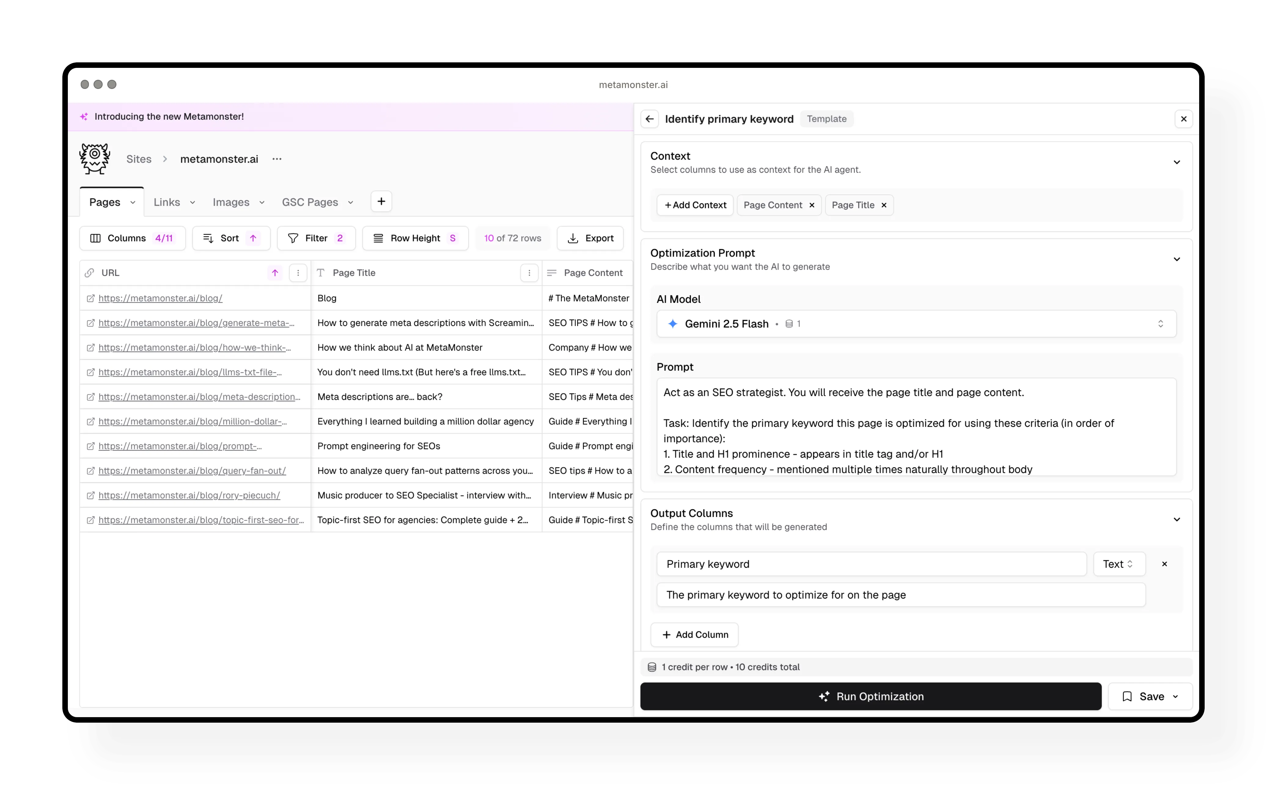 Primary keyword optimization template showing context and prompt settings
