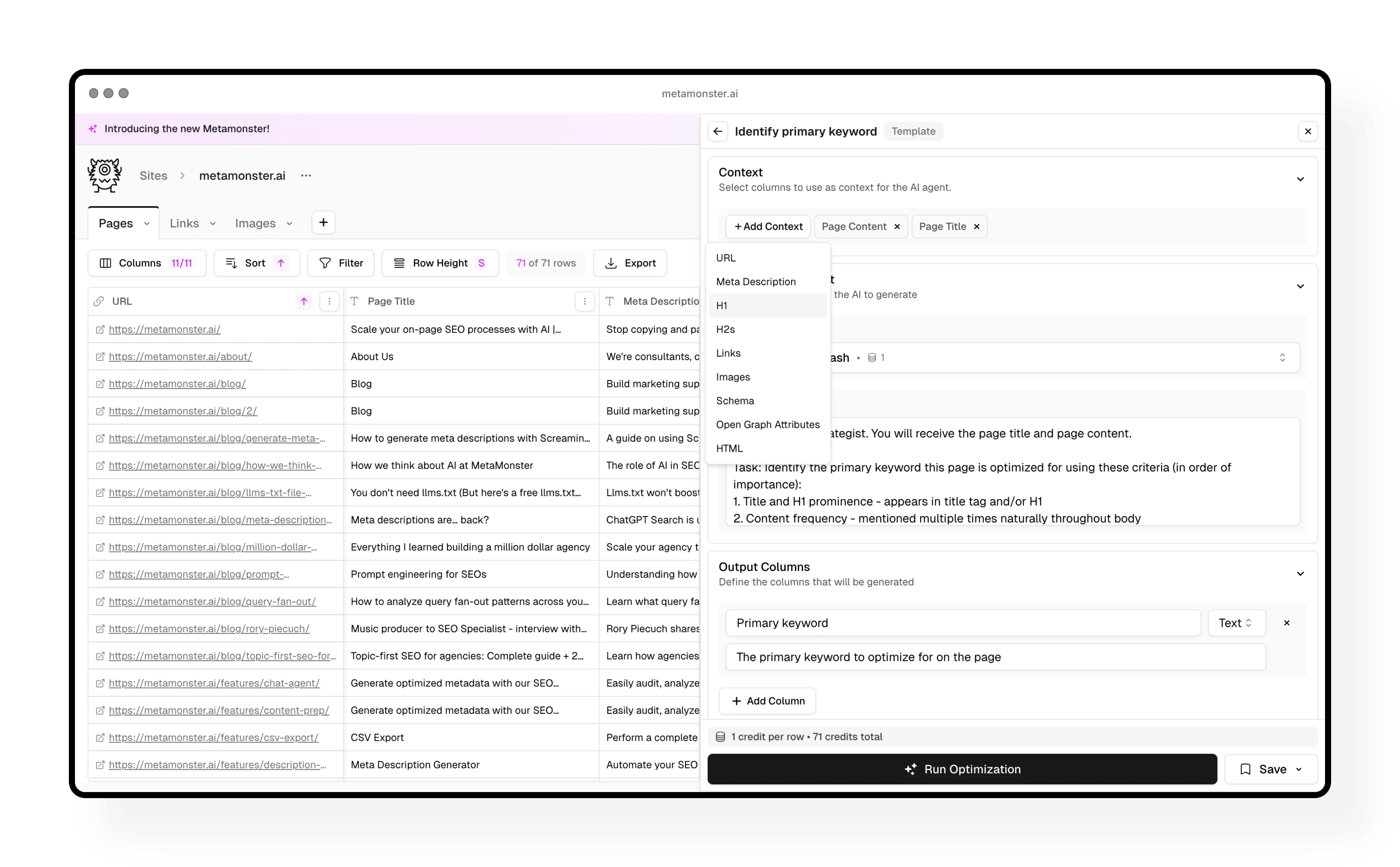 Prompt context selection showing page content and title