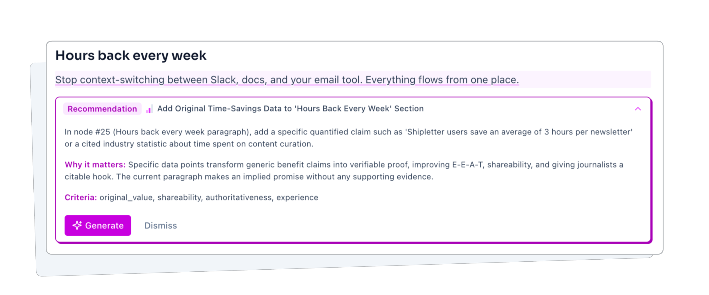 MetaMonster's qualitative content analysis showing a recommendation with AI reasoning and criteria breakdown