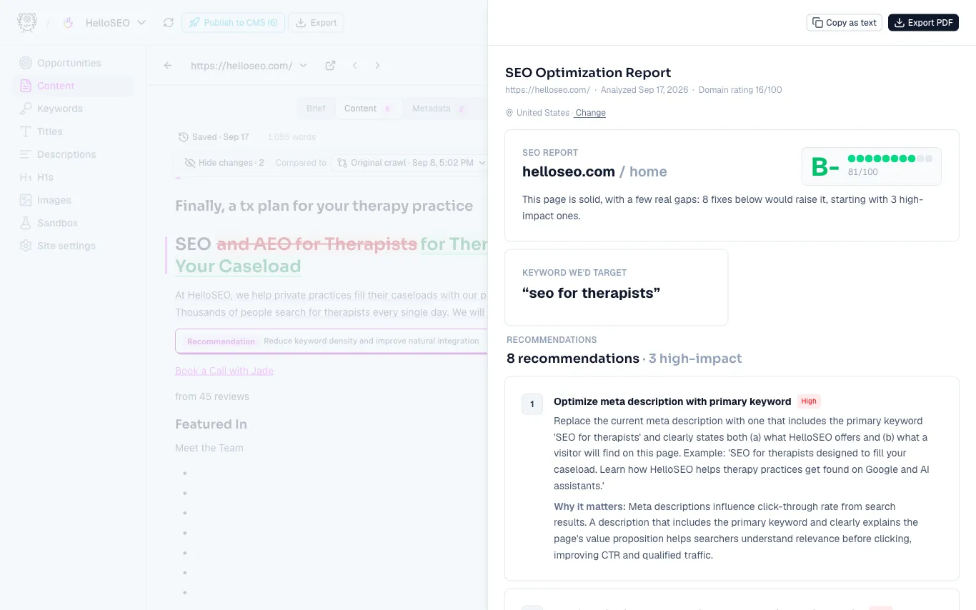 The SEO optimization report with a grade and prioritized recommendations