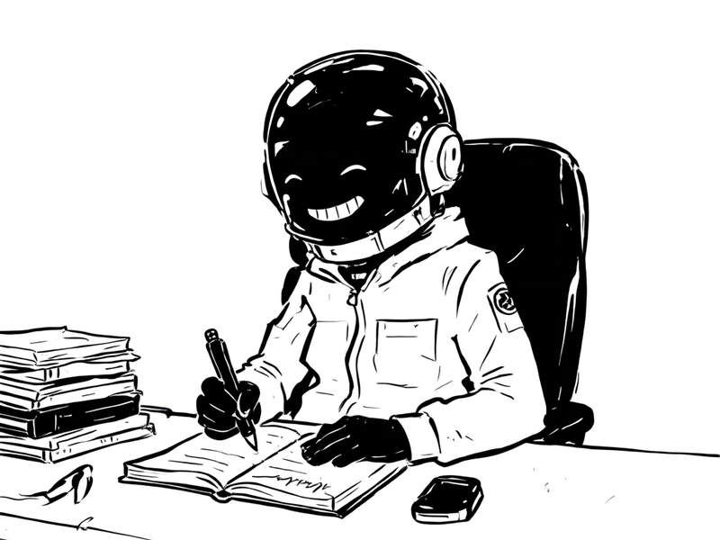 Ink illustration of a robot in a spacesuit helmet, smiling while writing by hand in a journal at a desk.
