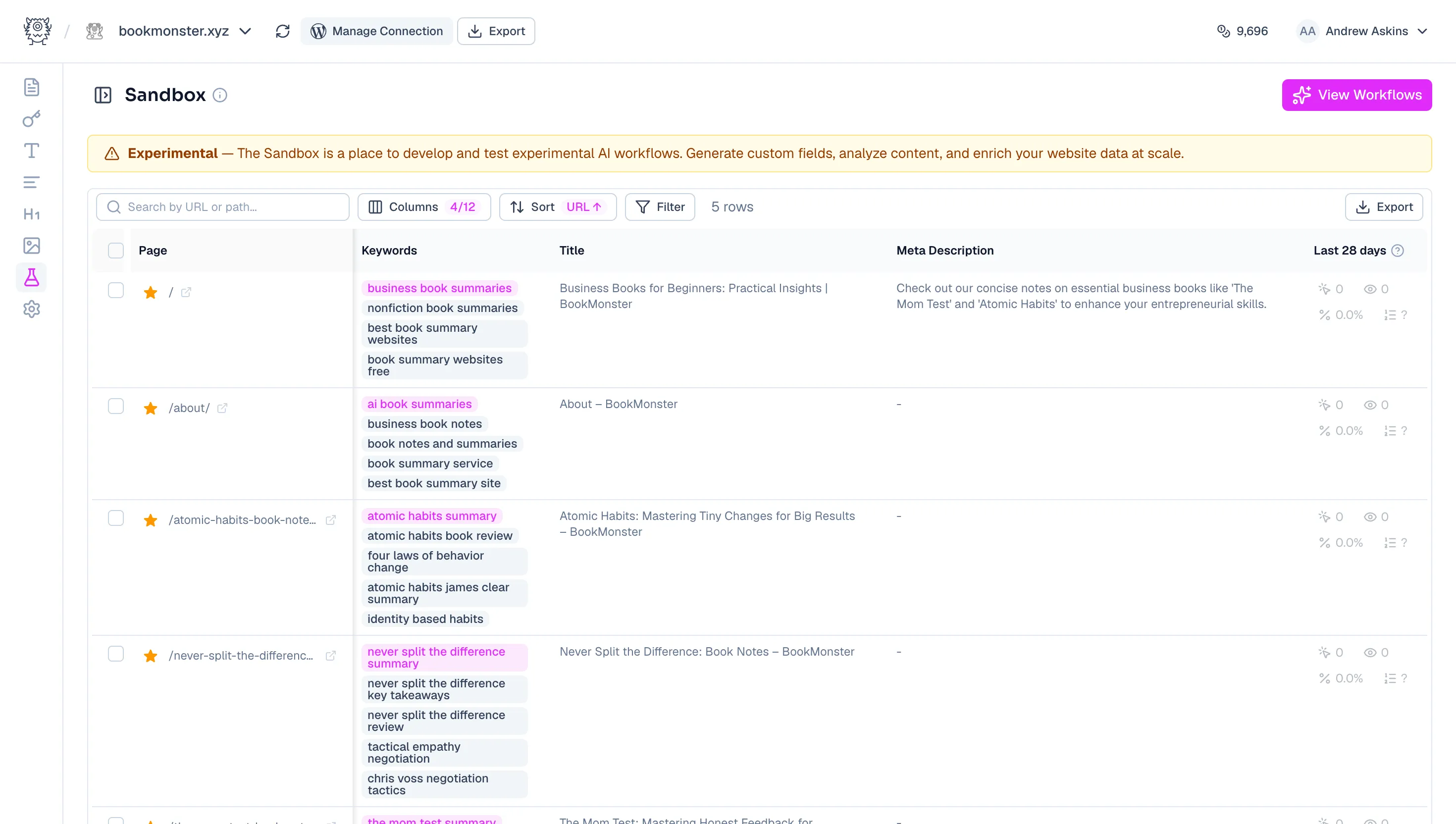 Sandbox table showing page rows with workflow output columns and the sparkles icon