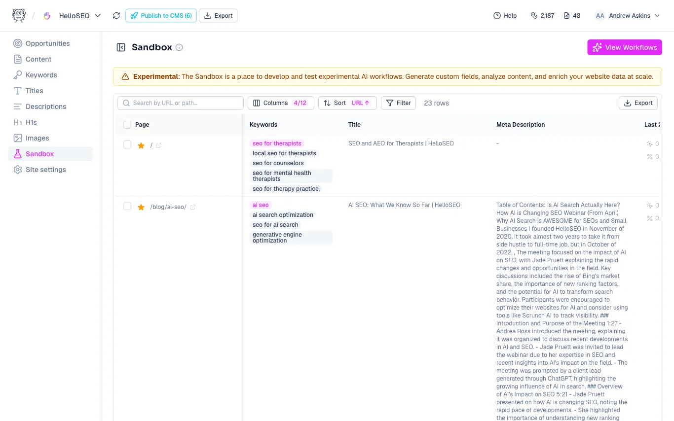 Sandbox table showing page rows with workflow output columns and the sparkles icon