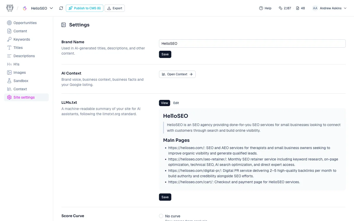 Site settings showing brand name, the Context link, and LLMs.txt