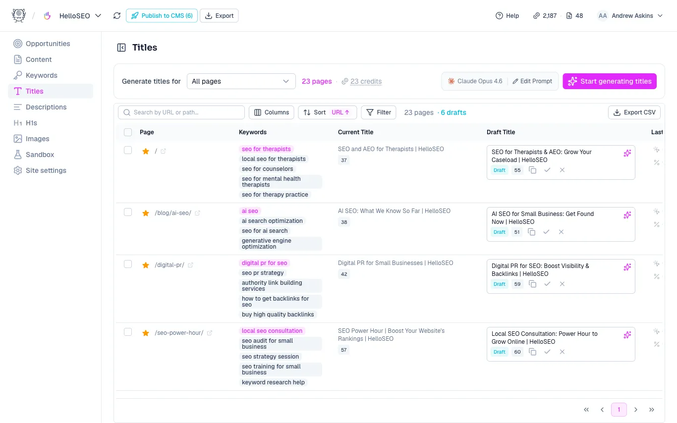 The Titles page with keywords, current titles, and draft titles