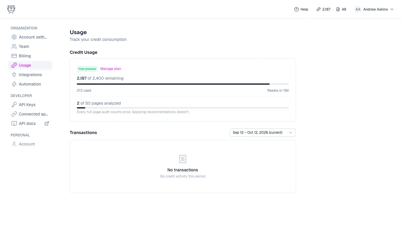 The Usage page showing credit balance, pages analyzed, and transactions