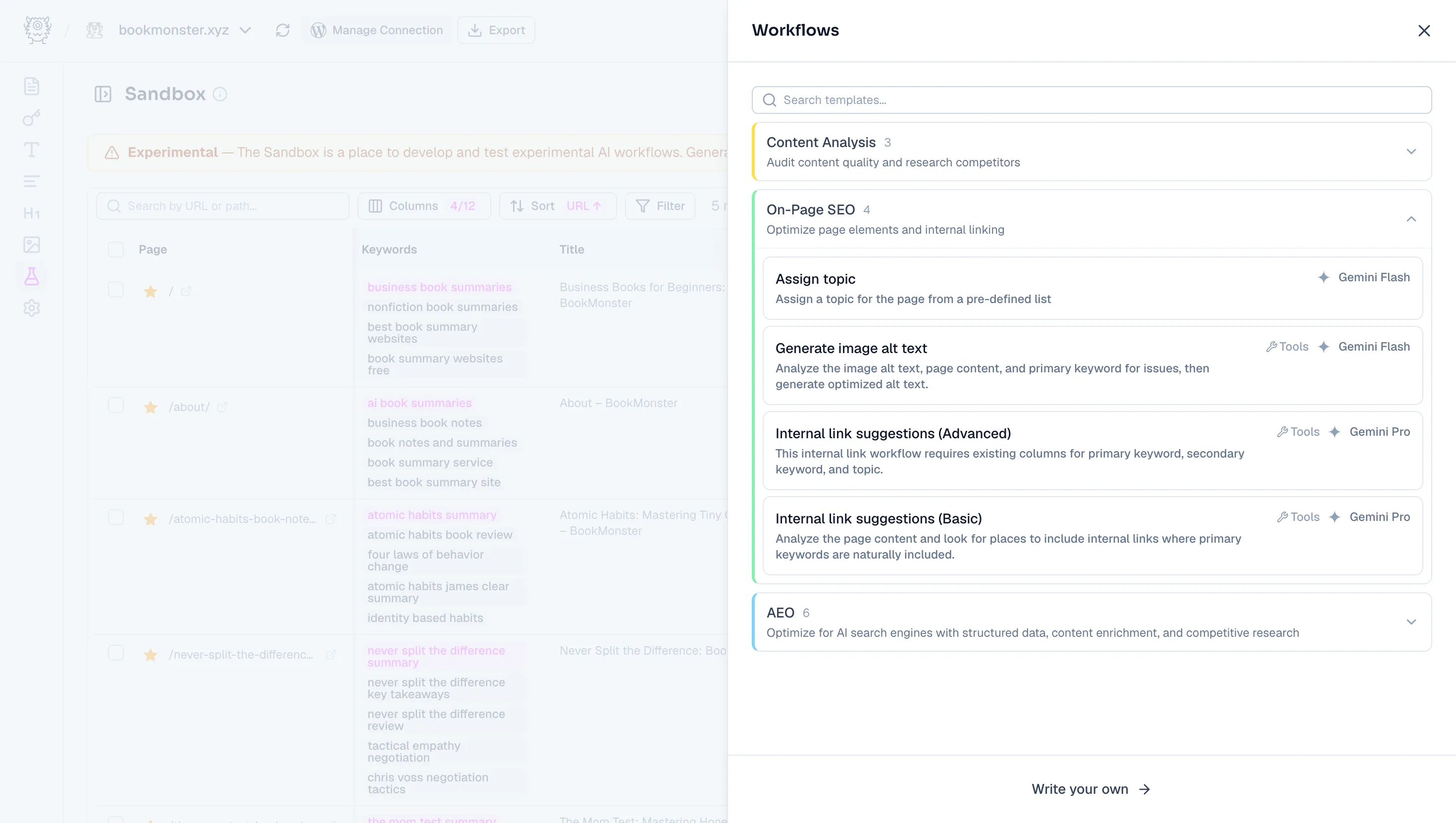 Workflows panel showing the Content Analysis, On-Page SEO, and AEO categories with their workflows