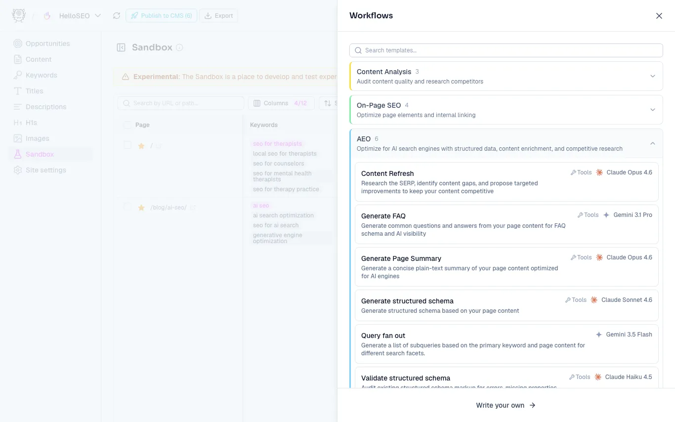 Workflows panel showing the Content Analysis, On-Page SEO, and AEO categories with their workflows