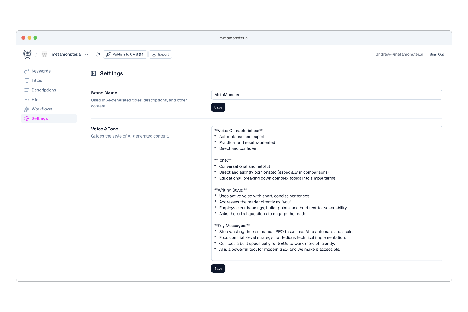 MetaMonster settings showing an auto-generated voice and tone guide with voice characteristics, tone, writing style, and key messages