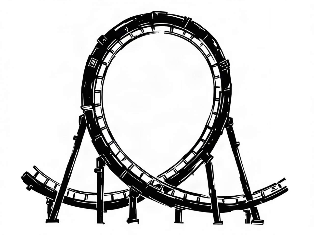 Black ink drawing of a rollercoaster track with a large vertical loop in the middle.