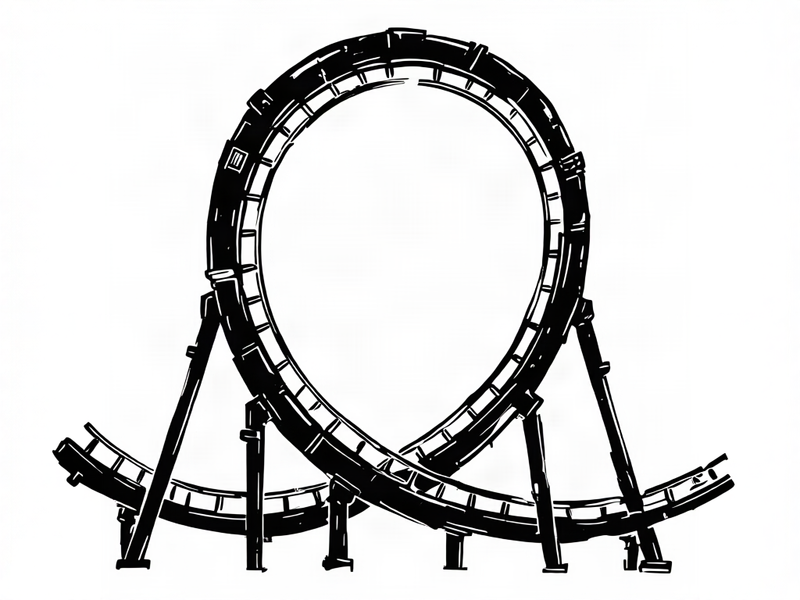 Black ink drawing of a rollercoaster track with a large vertical loop in the middle.