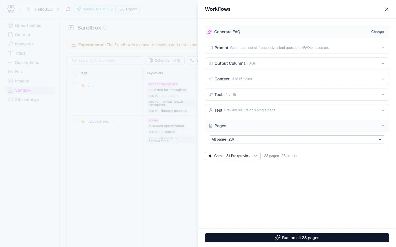 Selected workflow showing the prompt, output columns, context, tools, test panel, page selector, and Run button