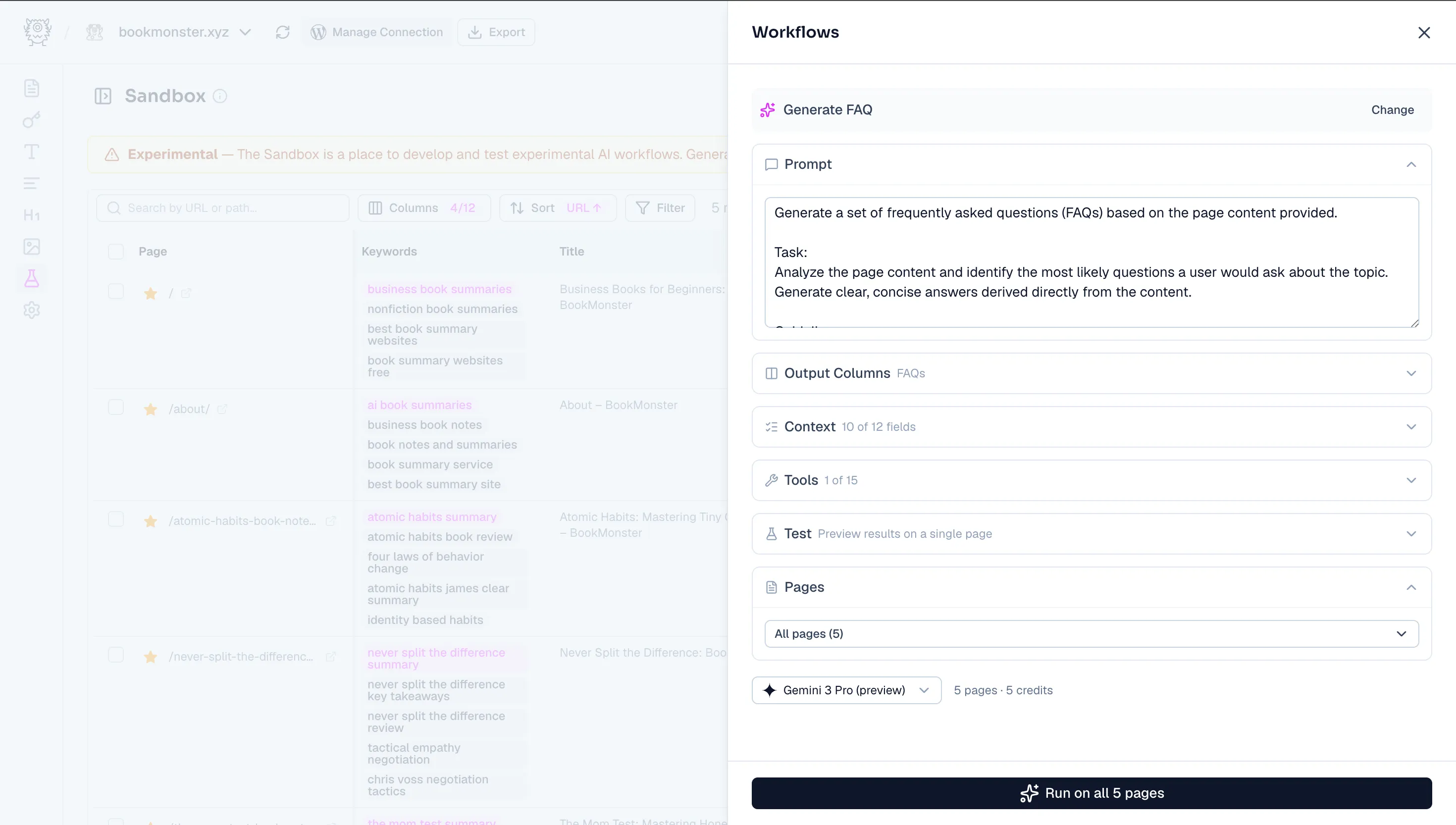 Selected workflow showing the prompt, output columns, context, tools, test panel, page selector, and Run button