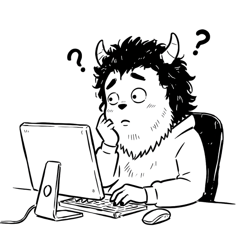 Illustration of a confused monster looking at a computer screen with question marks