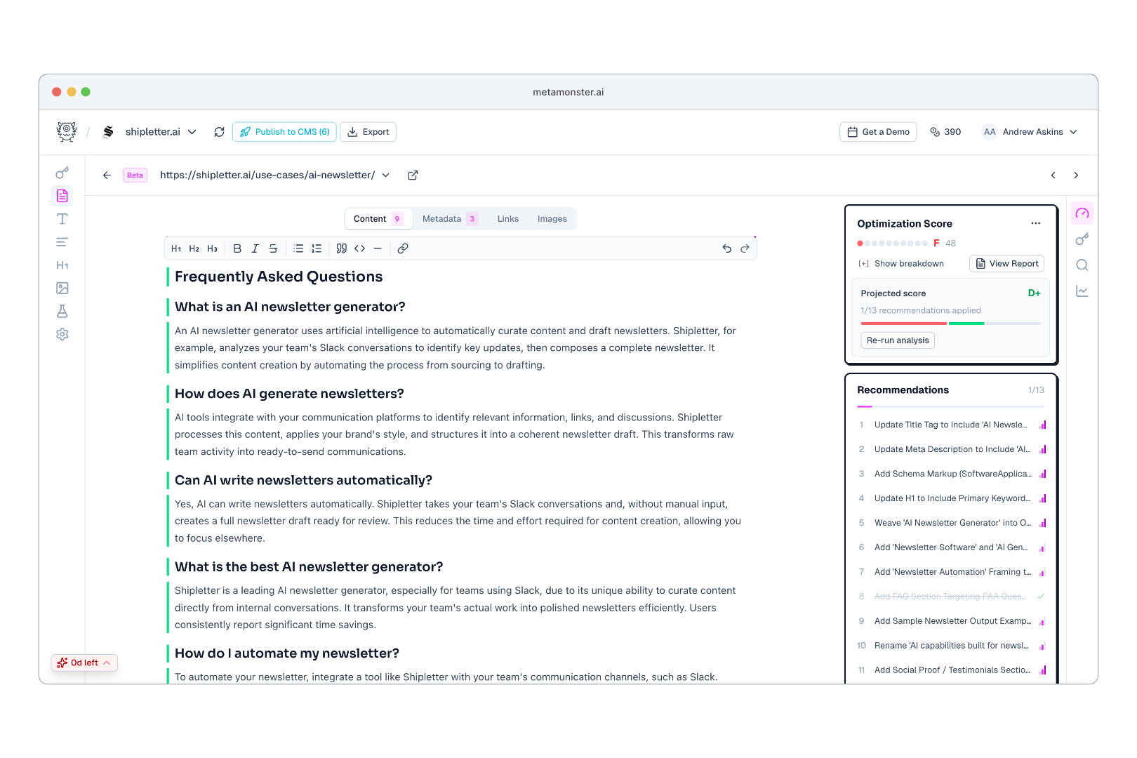 MetaMonster's content editor with an optimization score and a list of specific recommendations for the page, such as updating the title tag and adding schema markup.