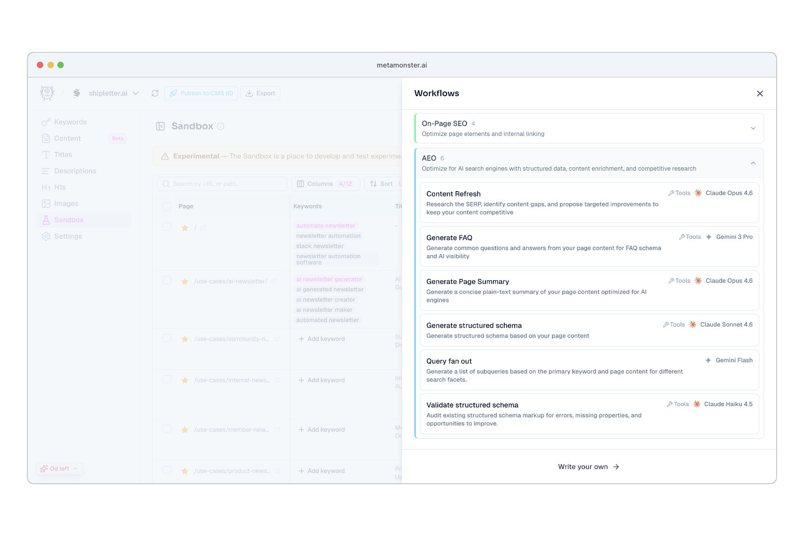 MetaMonster's Sandbox workflows panel listing on-page SEO and AEO workflows, including generate structured schema, generate FAQ, and internal linking.