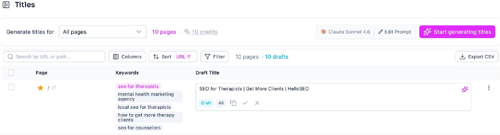 MetaMonster title generator showing a draft meta title, "SEO for Therapists | Get More Clients | HelloSEO", next to the page's assigned keywords.